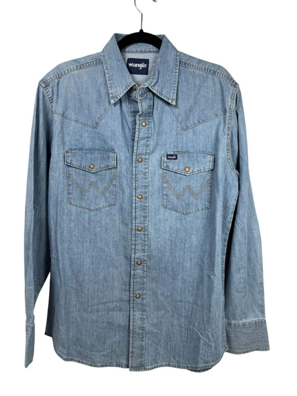 Wrangler Men Blue Denim Western Snap Button Shirt Long Sleeve size Medium Cowboy